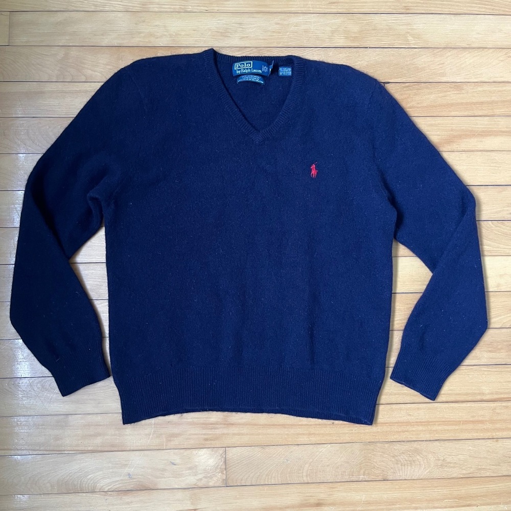 Polo Ralph Lauren Navy Blue 100% Lambswool V-Neck Sweater Mens XL Red Pony Logo